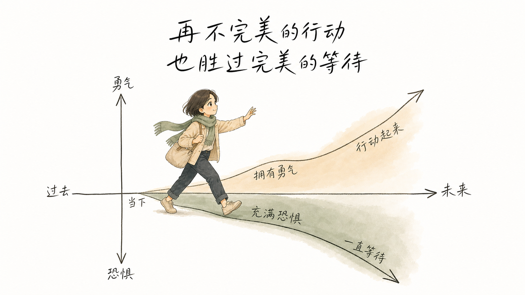 手绘行动图：再不完美的行动，也胜过完美的等待。人物从当下走向未来，向上的路径代表拥有勇气并行动起来。