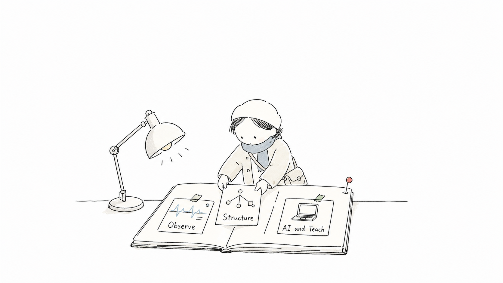 Hand-drawn illustration of a quiet learner organizing anesthesia observation, structure, and AI teaching notes in an open notebook