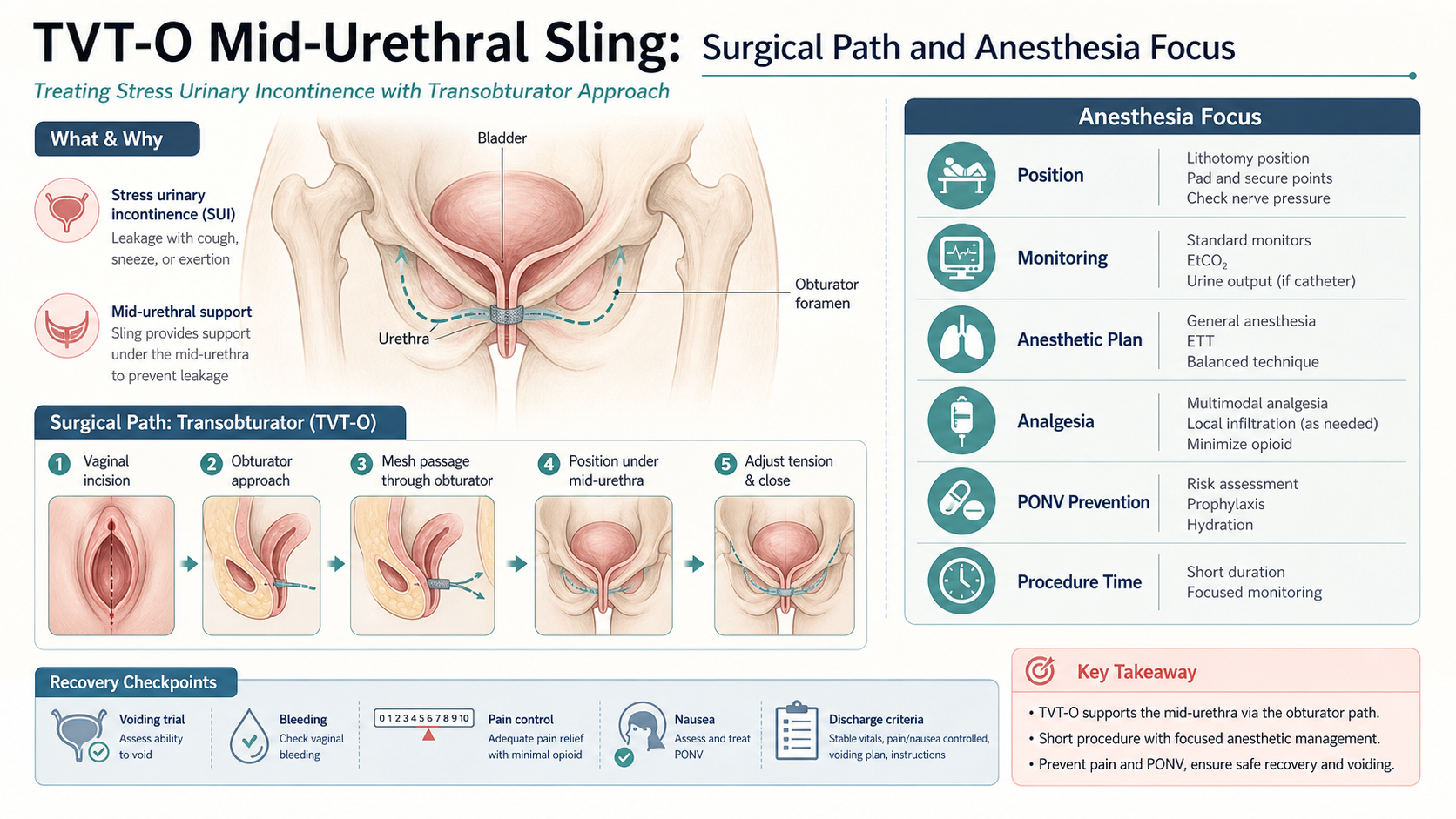 TVT-O surgical path and anesthesia focus