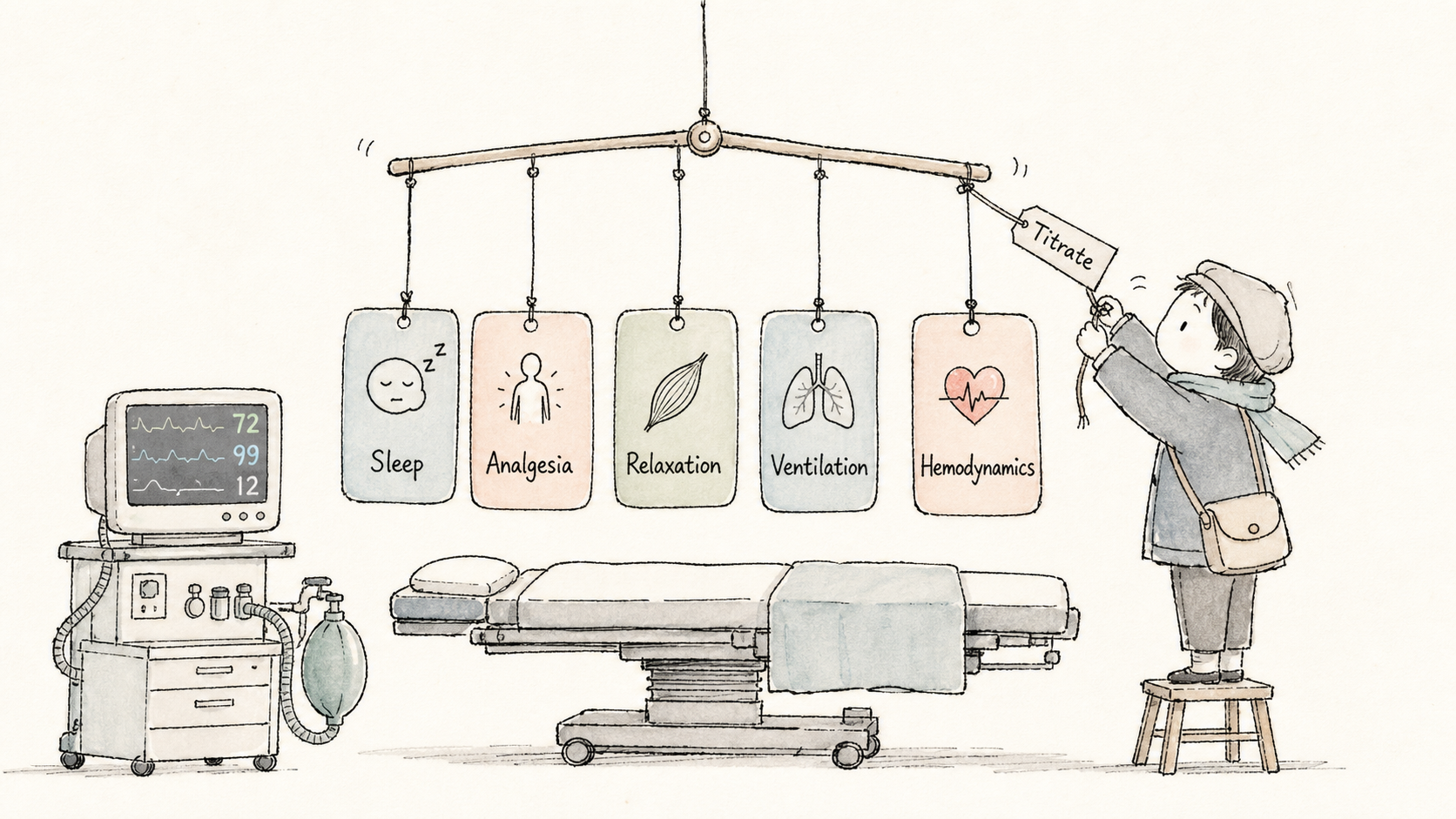 Hand-drawn anesthesiologist as balance keeper