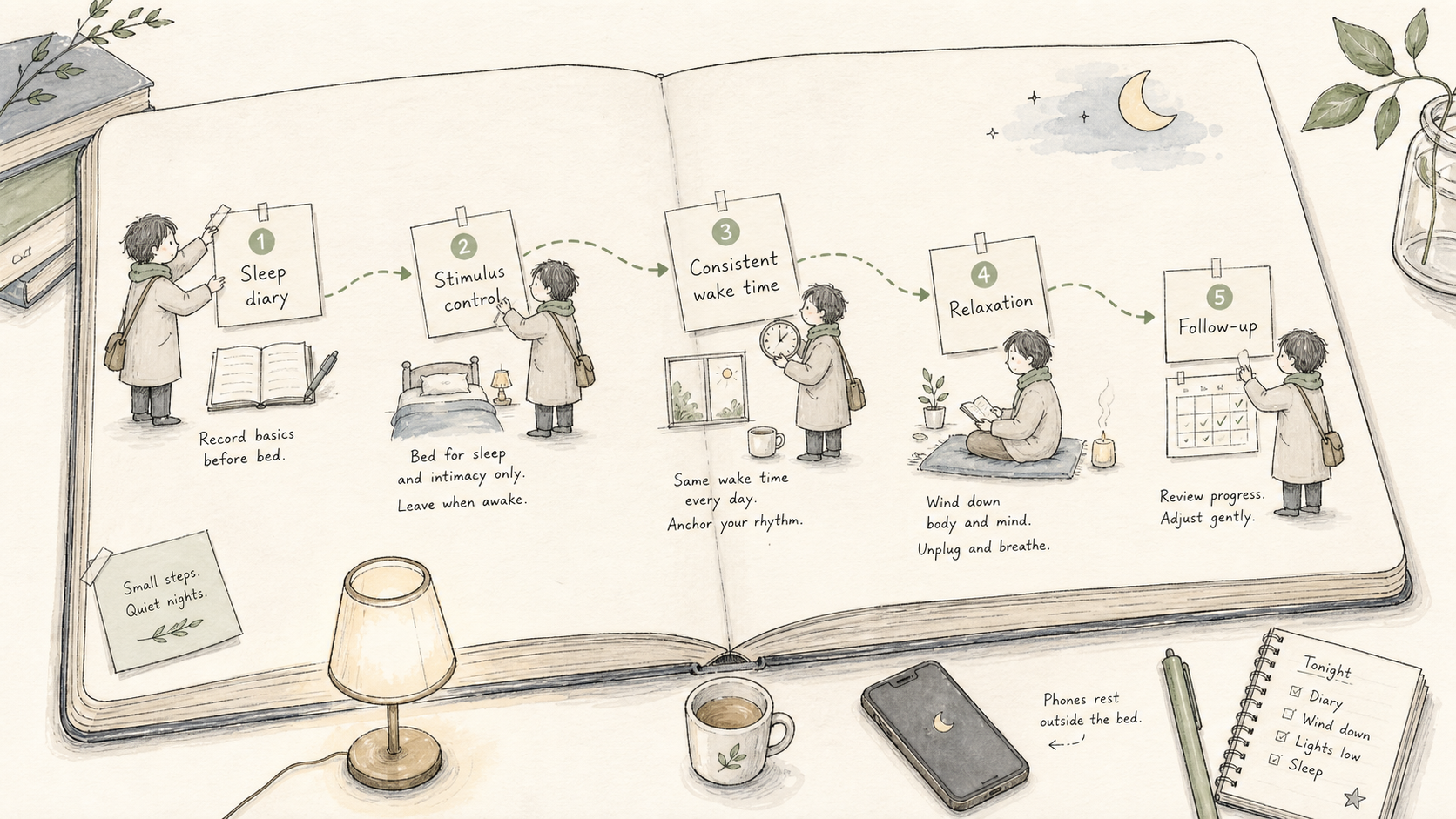 CBT-I sleep route hand-drawn illustration