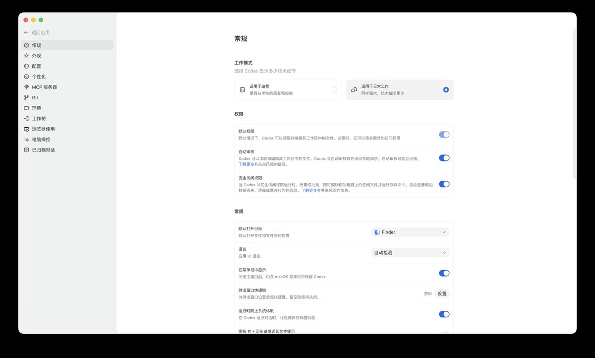 Codex App 常规设置页
