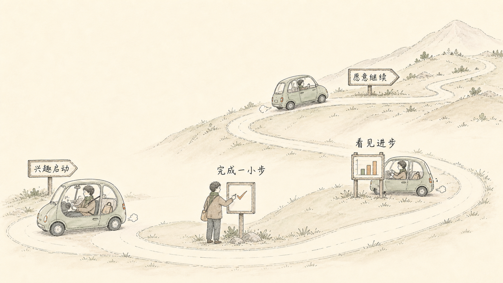 汽车沿着兴趣启动、完成一小步、看见进步、愿意继续的道路循环向上